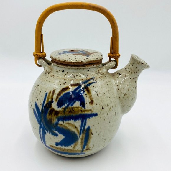 Vintage Hand Crafted Pottery Teapot w/ Bamboo Handle, Signed Jost 1982, 7.25"